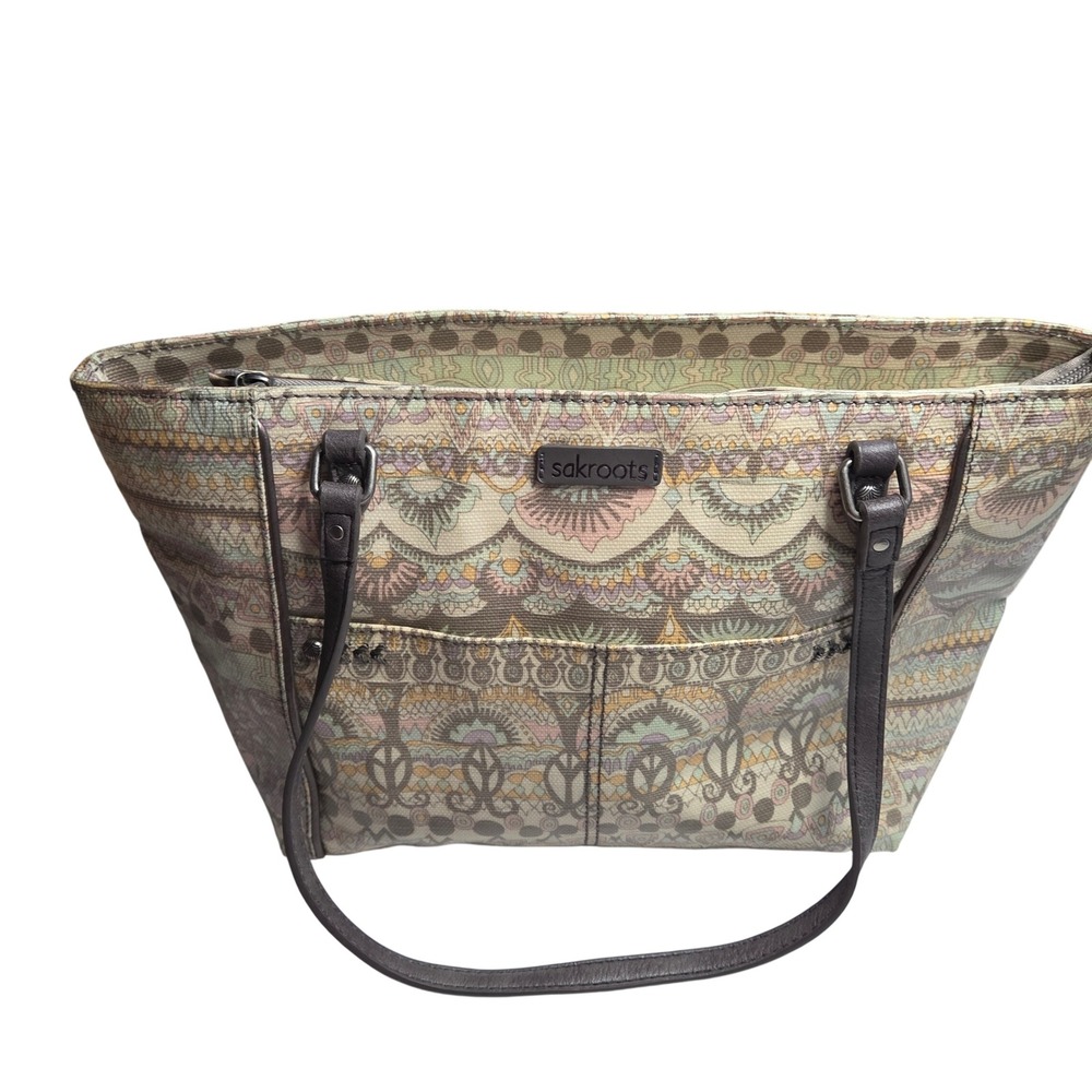 Sakroots Canvas‎ Tote Bag Boho Paisley Elephant Charm Zipper Top Pockets